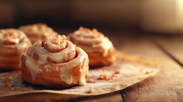 Fresh homemade cinnabons on wooden background.
