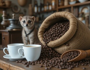 Brown burlap sack, coffee beans, white coffee cups, coffee grinder, civet, coffee bean scoop