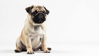Adorable pug dog sitting, isolated on white background, studio, pet portrait