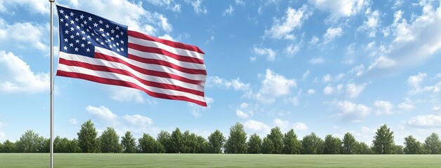 The American flag flies proudly on a pole in a bright blue sky adorned with fluffy, white clouds, showcasing vibrant colors and details