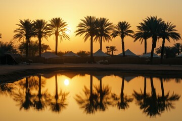 A tranquil desert oasis at sunrise, with soft golden light illuminating a small cluster of traditional Bedouin tents arranged around a glistening waterhole