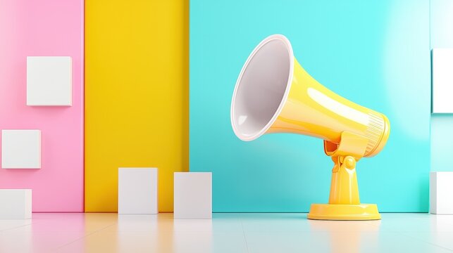 A vibrant yellow megaphone stands against colorful pastel backgrounds, adding a playful touch to the scene with white geometric blocks.