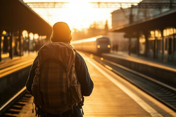 Obraz premium A person wearing a backpack and waiting for a train in a train station, as the holiday is about to begin.