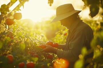 A farmer in a wide-brimmed hat carefully gathers ripe tomatoes from a vine in a vibrant, sun-drenched vegetable garden.
