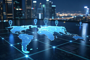 Futuristic Digital World Map with Location Markers and Glowing Blue Grid in a High-Tech Cityscape