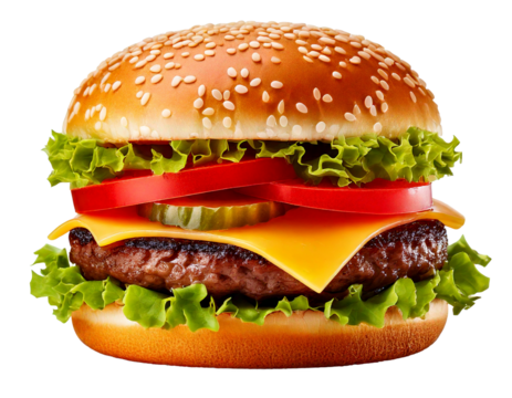 hamburger or burger with cheese and vegetables isolated on white background, image ai generate
