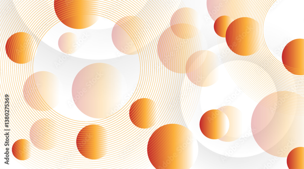 Poster Bright orange circles and radial lines abstract geometric tech background. Vector minimal futuristic design