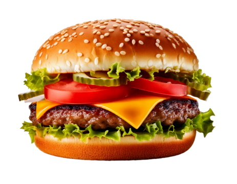 hamburger or burger with cheese and vegetables isolated on white background, image ai generate
