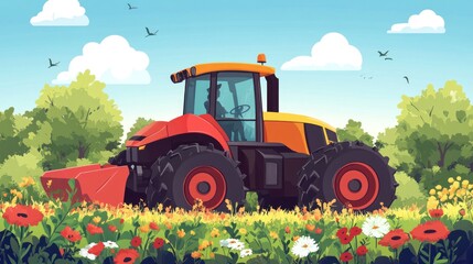 Obraz premium Colorful Tractor Mowing Field of Flowers, Sunny Rural Landscape