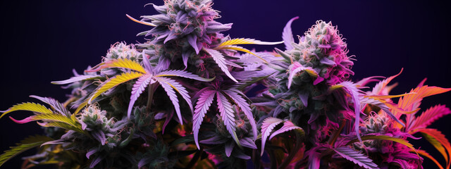 Colorful Cannabis Buds and Leaves With Purple Lighting and Frosty Texture