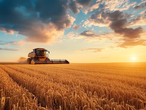 A combine harvester working in a golden wheat field - Powered by Adobe