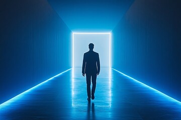 Silhouette of a man in a suit walking towards a bright light at the end of a blue neon-lit hallway.  Mysterious and hopeful.