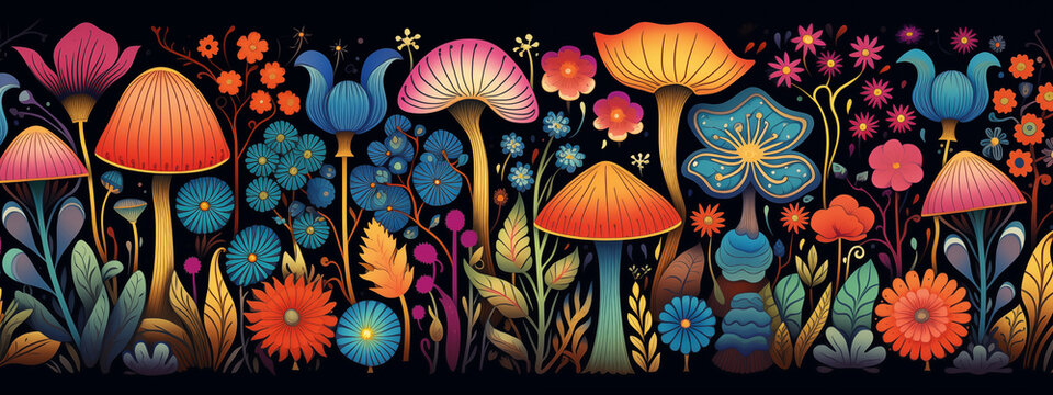 Psychedelic Garden of Fantasy Mushrooms and Abstract Flowers