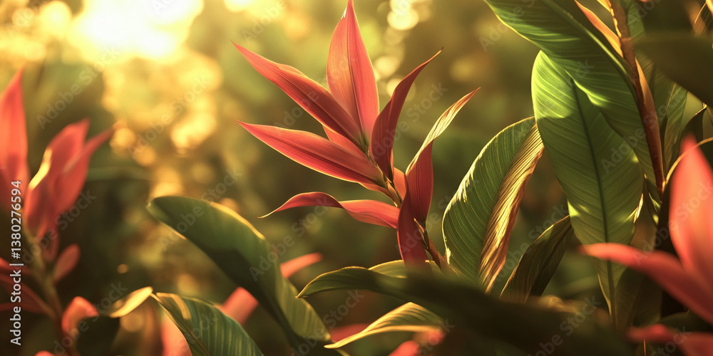 Poster close-up of red and green foliage illuminated by sunlight, creating a warm and vibrant natural scene