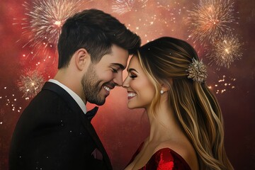 Romantic couple celebrating under fireworks at midnight event
