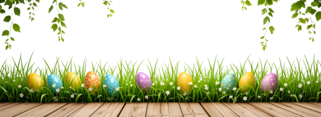 A template of a collection of painted easter eggs celebrating a Happy Easter with green grass and tree levees against a transparent background
