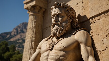 A statue of Agamemnon, gripping a blood-stained scepter, embodying both kingship and curse