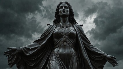 Fototapeta premium A statue of Hecale, spreading her cloak wide, sheltering travelers from the storm