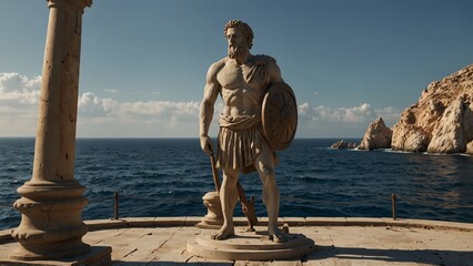 A statue of Odysseus, standing beside a broken ship's helm, gazing into the endless sea