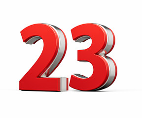 Bold Vibrant Red Number Twenty three Number 23 With Metallic On White Background 3D Illustration