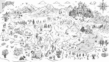 Fantasy map elements illustration, drawing, engraving, ink, line art, vector