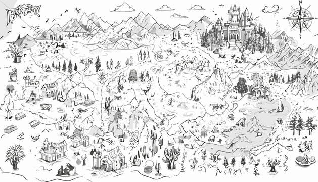 Fantasy map elements illustration, drawing, engraving, ink, line art, vector