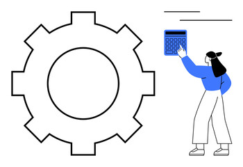 Fototapeta premium Woman pressing calculator beside large gear. Ideal for workflow, productivity, analysis, planning, technology, automation, strategy. Flat simple metaphor