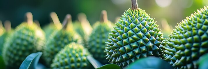 Lush Green Durian Fruits Growing on Tree Branches in Orchard