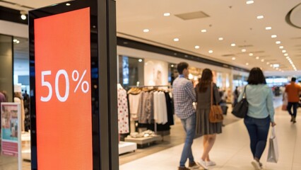 Fototapeta premium Sale & Save Money Concept. Digital sale sign in a shopping mall displaying 50% off.