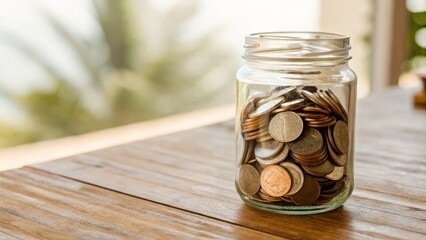 Sale & Save Money Concept. Glass jar filled with coins on a wooden table.