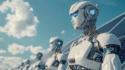 Fototapeta premium Robot standing in front of solar panels, illustrating the intersection of advanced robotics and renewable energy solutions