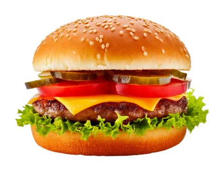 hamburger or burger with cheese and vegetables isolated on white background, image ai generate
