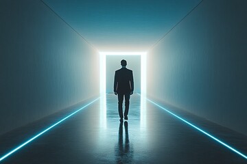 A man in a suit walks towards a bright light at the end of a long, futuristic corridor.  A journey into the unknown.