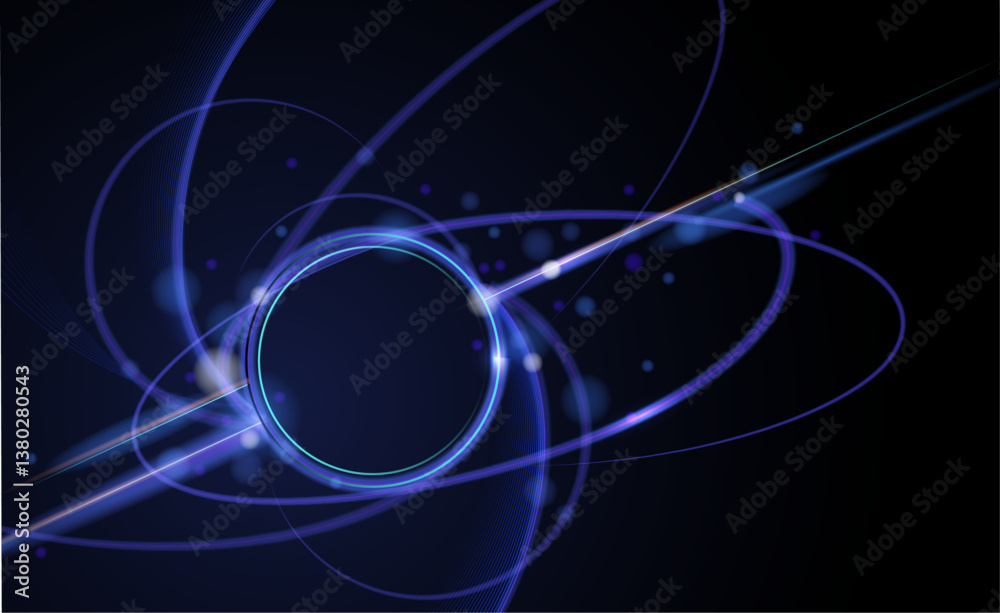 Poster Illustration vector abstract chaos, blue wave line pattern, flow line and particle dot on dark color background. Modern futuristic, design for background. Digital high tech, energy technology concept