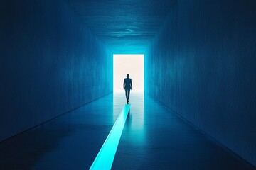 Obraz premium A lone figure walks toward a bright light at the end of a long, blue corridor. A journey of hope and new beginnings.