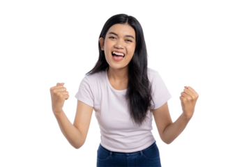 Excited young Asian woman celebrating victory with raised arms, showing success or achievement, isolated on transparent background
