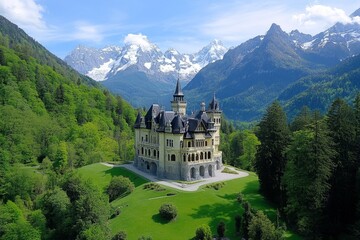 Fototapeta premium A breathtaking aerial view of PeleÈ™ Castle, surrounded by lush green Carpathian Mountains