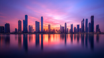 Fototapeta premium Urban Dawn: A City Awakes to New Horizons, Brimming with Opportunity and Vibrancy