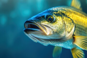 Fototapeta premium A colorful fish swimming underwater with open mouth closeup