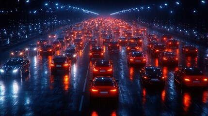 Night Traffic Jam: A City's Veins Glowing Under the Rain
