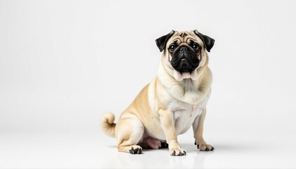 Obraz premium Single pug sitting, pure white background, close-up, wrinkles, lovely, expression
