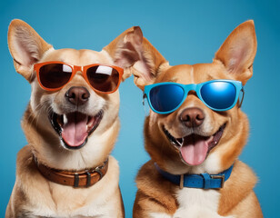 Laughing dog wearing sunglasses on blue background