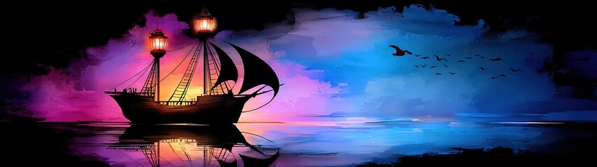 Fototapeta premium Majestic Fantasy Ship Sailing Through a Vivid Imagination in an Oil Painting Style with Colorful Backgrounds of Dawn and Twilight Reflections