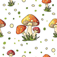 A seamless vector flat pattern featuring vibrant red fly agaric mushrooms on a clean white background. Perfect for nature-inspired designs, textiles, and children's illustrations