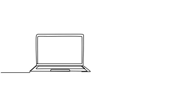 Laptop with open book and coffee cup continuous line drawing animation. Online education concept video.
