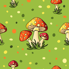  A seamless vector flat pattern featuring vibrant red fly agaric mushrooms set against a fresh green background. Ideal for nature-themed designs, textiles, and children's illustrations