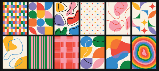 Collection of textured vector backgrounds with simple elements and playful patterns. Abstract colorful funky backgrounds for cards, posters, covers, banners, or branding.