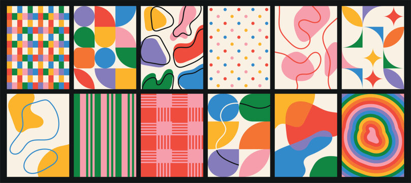 Collection of textured vector backgrounds with simple elements and playful patterns. Abstract colorful funky backgrounds for cards, posters, covers, banners, or branding.