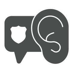 Ear with police badge popup window solid icon, law and order concept. Vector graphics. Police talks speech bubble sign on white background, glyph style icon for mobile or web design.