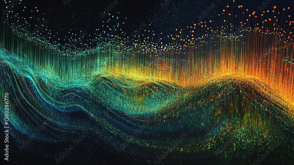 Poster Abstract image of glowing particles forming wavy lines and textures in teal, green, and orange hues, creating a dynamic and energetic visual representation of data flow or energy
